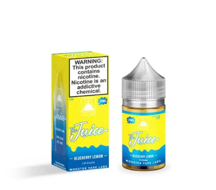 E-liquid bottle and packaging for a blueberry lemon flavored vape juice product called ’Juice’.