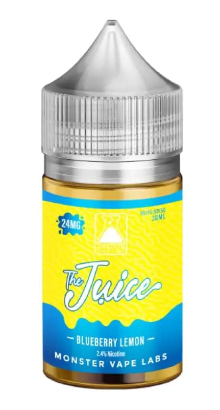 Bottle of e-liquid or vape juice with a yellow and blue label.