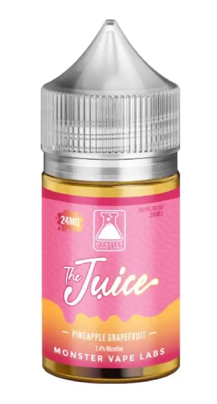 Bottle of e-liquid or vape juice with a pink and yellow label.