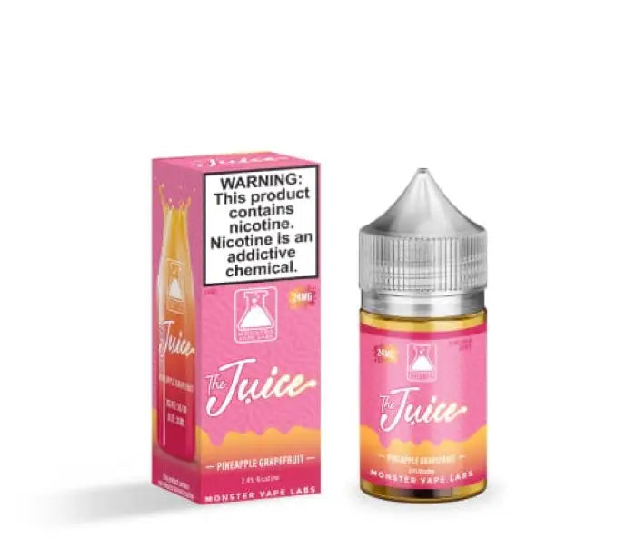 E-liquid or vape juice bottle with pink packaging labeled ’Juice’ and a warning about nicotine content.