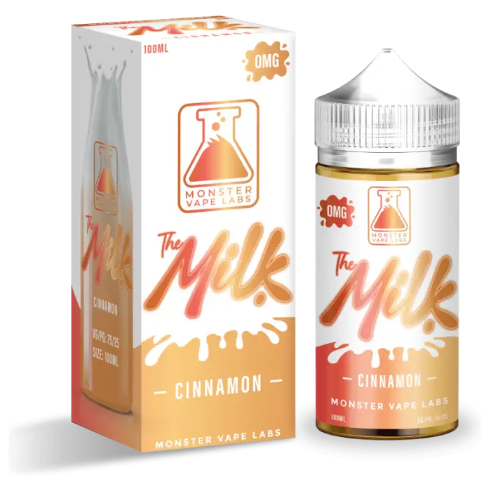 Bottle of cinnamon-flavored e-liquid called ’The Milk’ with its packaging box.