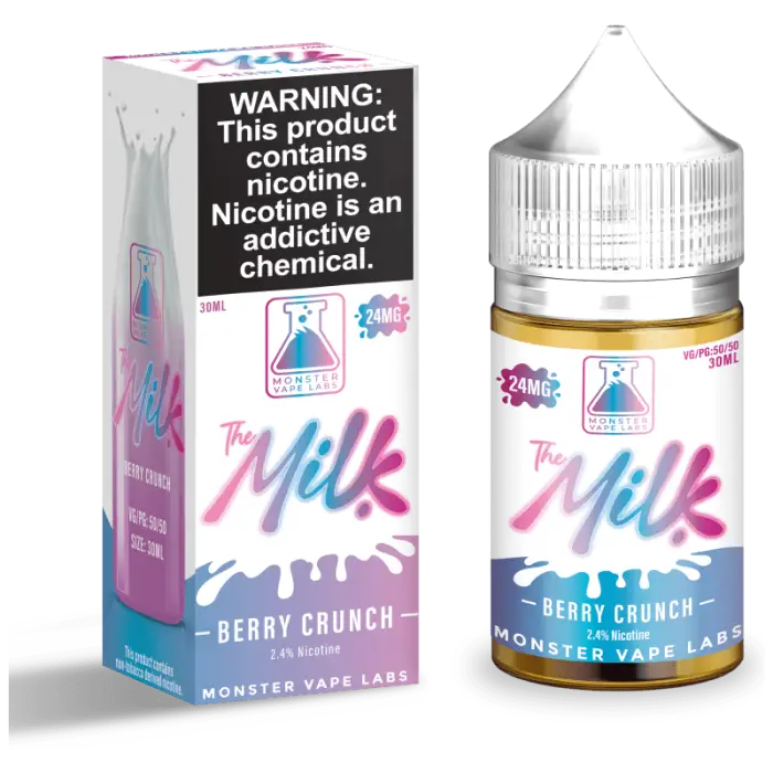 E-liquid bottle and packaging for a vape product called ’The Milk’ in Berry Crunch flavor.