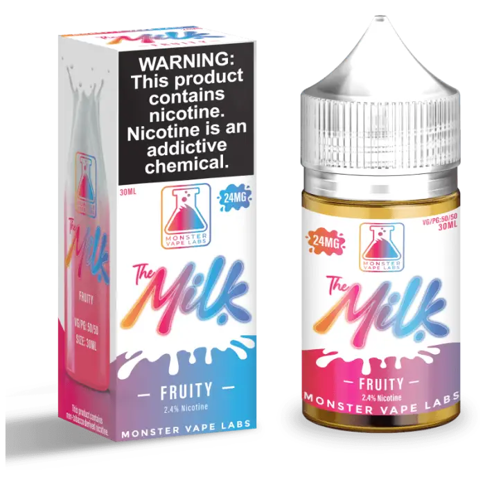 Colorful e-liquid bottle and packaging for a fruity vape juice called ’The Milk’.