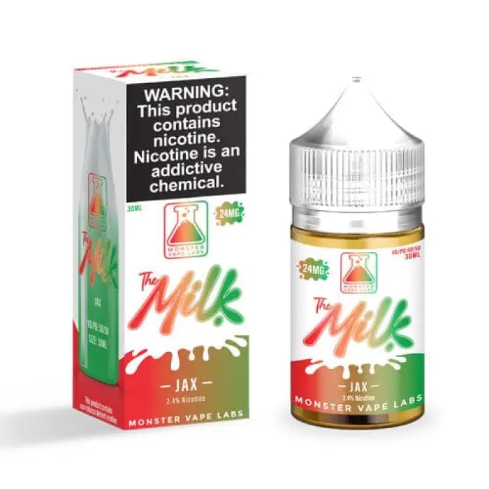 E-liquid or vape juice bottle labeled ’The Milk’ with accompanying packaging box.