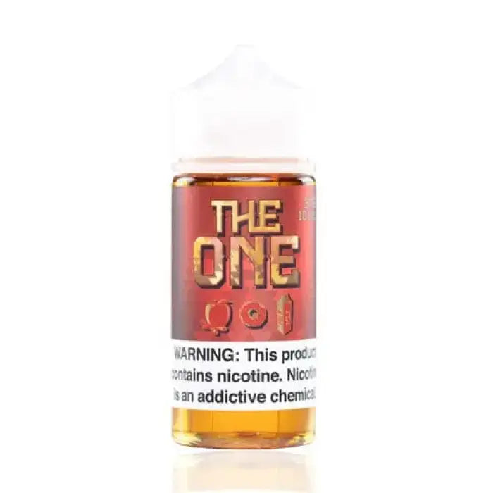 Bottle of e-liquid labeled ’THE ONE’ with a warning about nicotine content.