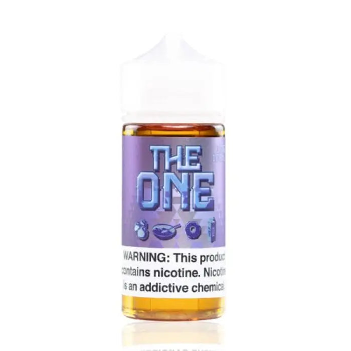 Bottle of e-liquid labeled ’THE ONE’ with a purple and gold color scheme.