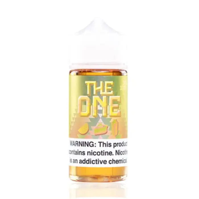 Bottle of e-liquid labeled ’THE ONE’ with a nicotine warning.