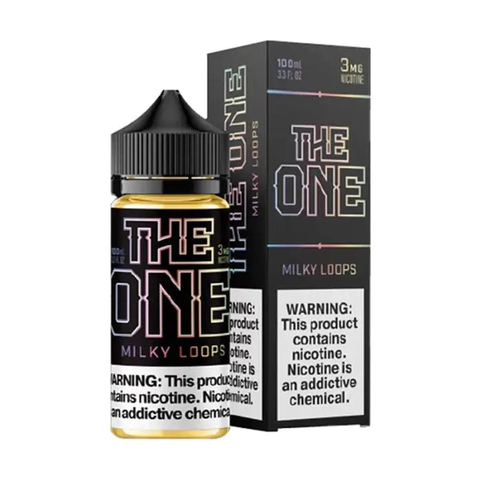 E-liquid bottle for vaping labeled ’The One Milky Loops’ with packaging.