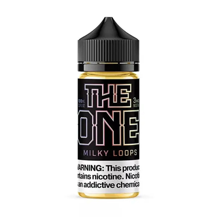 E-liquid bottle labeled ’THE ONE’ with a flavor description of ’Milky Loops’ and a nicotine warning.