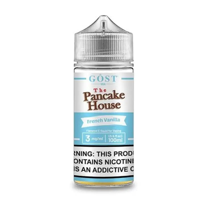 Bottle of e-liquid labeled ’The Pancake House French Vanilla’ by GOST.