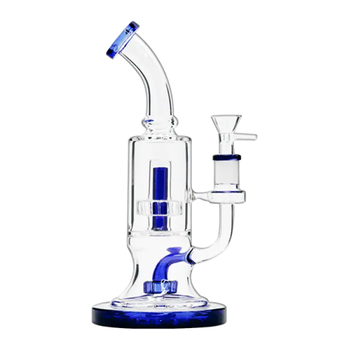 Glass water pipe with blue accents and a percolator chamber.