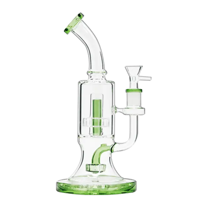 Glass water pipe with green accents and multiple chambers for filtration.