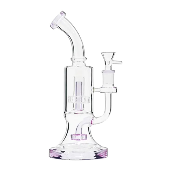 Glass water pipe with a curved neck and percolator chamber.