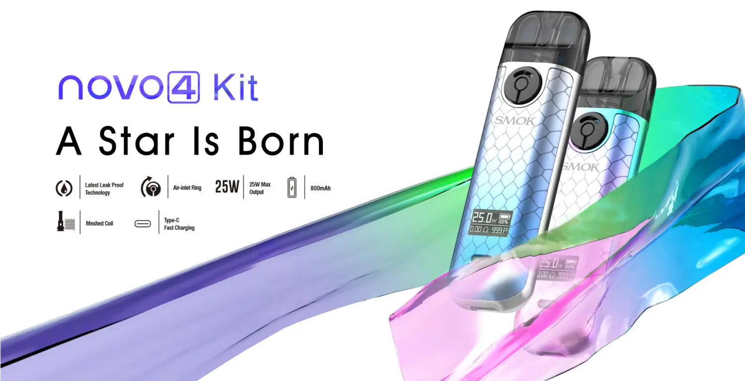 Sleek Smok Novo 4 25W Pod Kit with metallic body and colorful graphics.