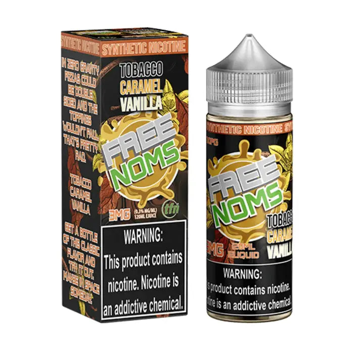 E-liquid bottle and packaging for a tobacco, caramel, and vanilla flavored vape juice called ’Noms’.