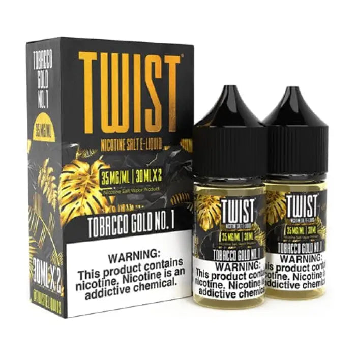 E-liquid product called ’Twist’ with tobacco gold flavor in packaging and bottles.