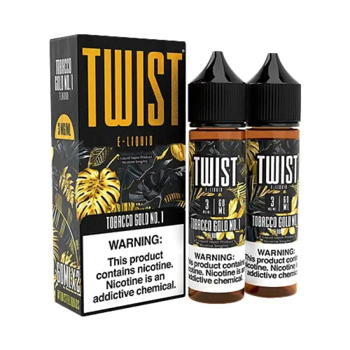 E-liquid product called ’TWIST’ with packaging and bottles displaying tobacco gold flavor.