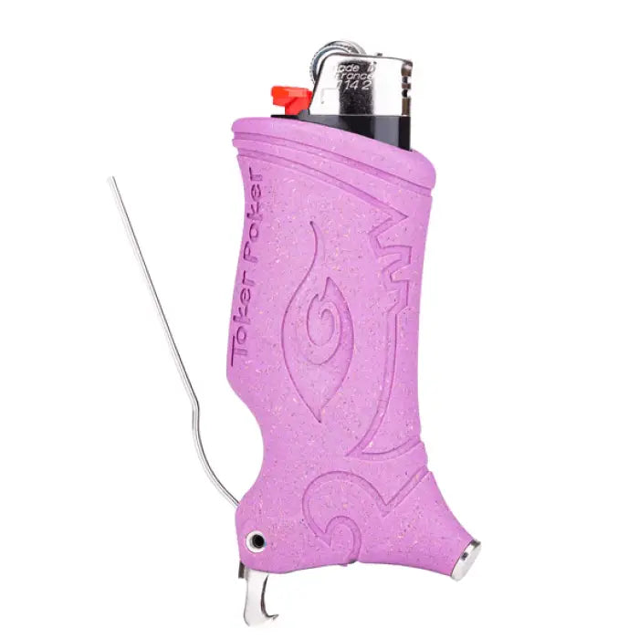 Purple silicone lighter case with a built-in poker tool.