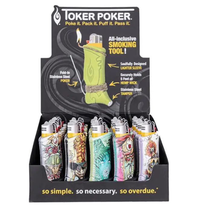 Display case of colorful Toker Poker lighters with built-in smoking accessories.