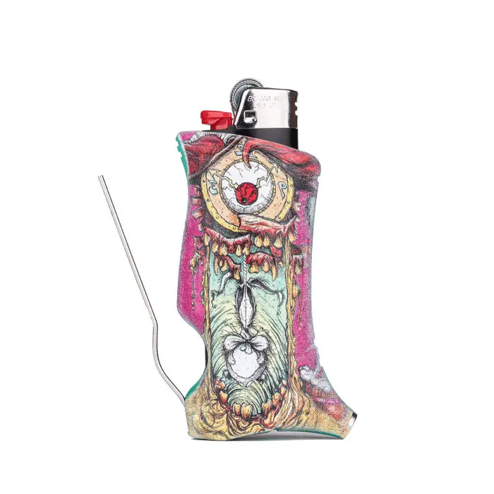 Colorful, artistic lighter case with a surreal face design and abstract patterns.