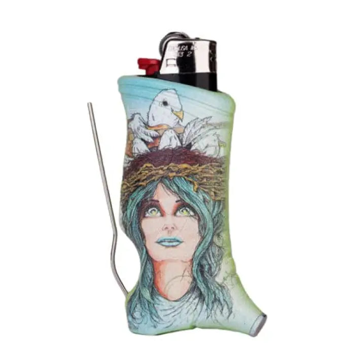 Decorative lighter case featuring a whimsical illustration of a person with blue hair and a bird’s nest on their head.