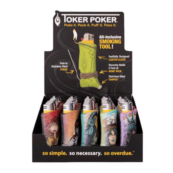 Display case of colorful ’Toker Poker’ lighters with various designs.