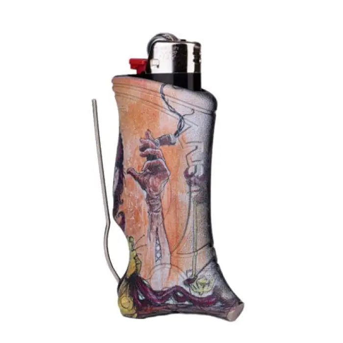 Decorative lighter case with an artistic, surrealist design featuring elongated figures.