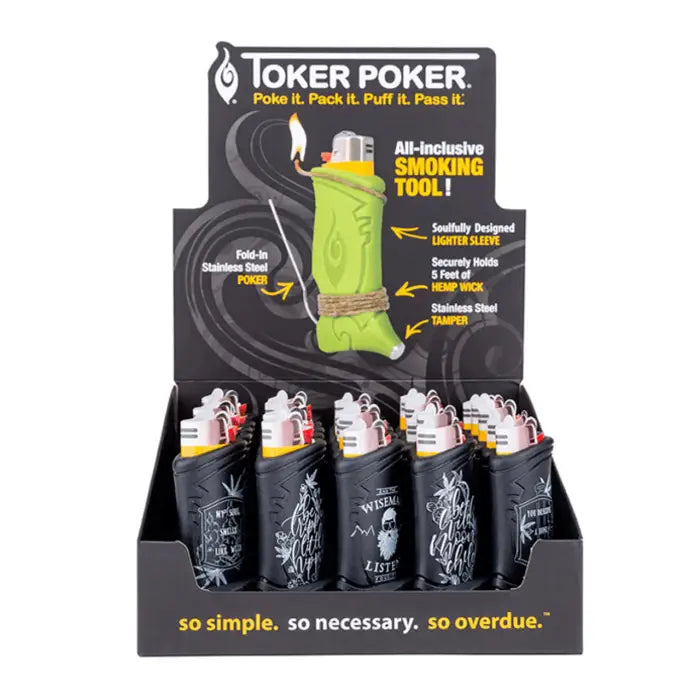 Display case filled with Toker Poker lighters, a multi-functional smoking accessory.