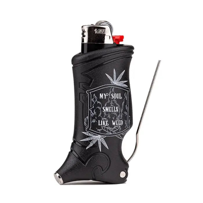 Black lighter case with marijuana leaf design and text ’My soul smells like weed’.