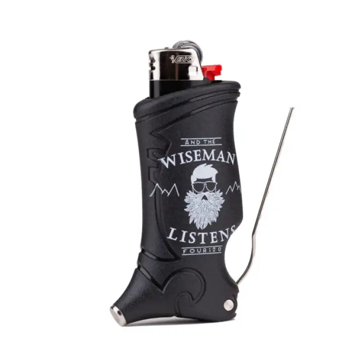 Black lighter case with ’WISEMAN LISTEN’ text and a bearded skull graphic.