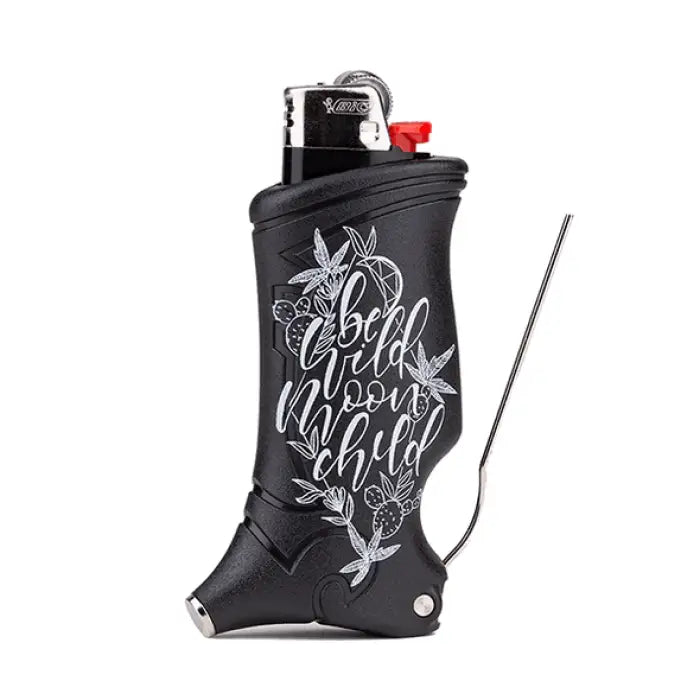 Black lighter case shaped like a cowboy boot with decorative floral text design.