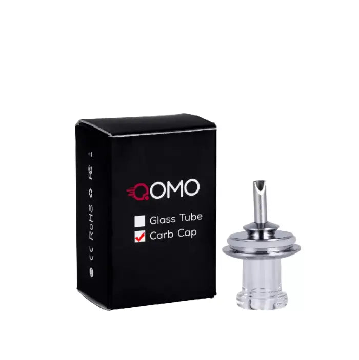 Glass tube and carb cap accessory set for vaporizers, packaged in a black box labeled ’GOMO’.