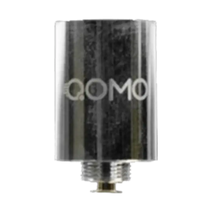 Cylindrical metal vaping atomizer or coil with ’QOMO’ branding.