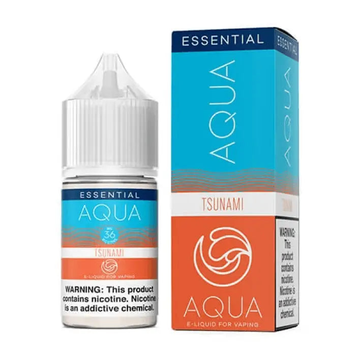 E-liquid bottle and packaging for ’Essential Aqua’ brand in Tsunami flavor.