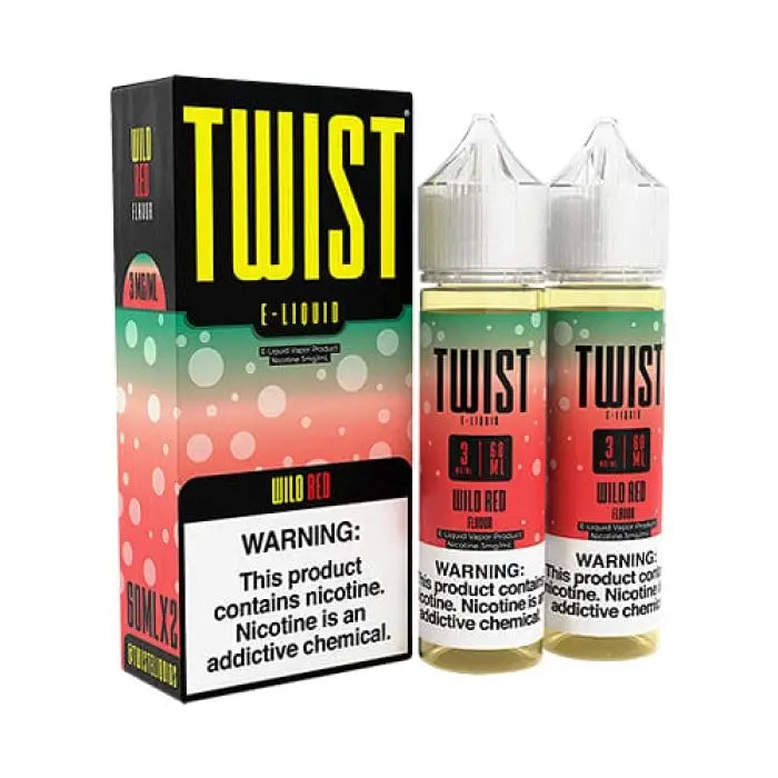 E-liquid or vape juice product called ’Twist’ with packaging and bottles displayed.