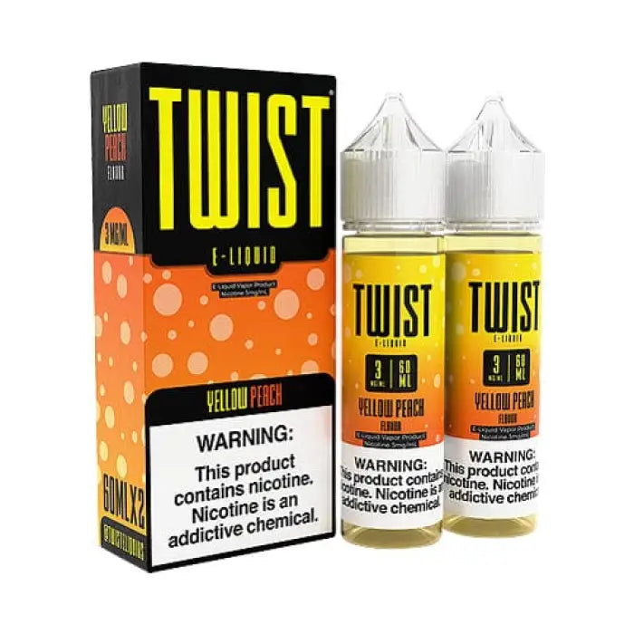 E-liquid product called ’Twist’ with packaging and bottles displaying yellow and orange colors.