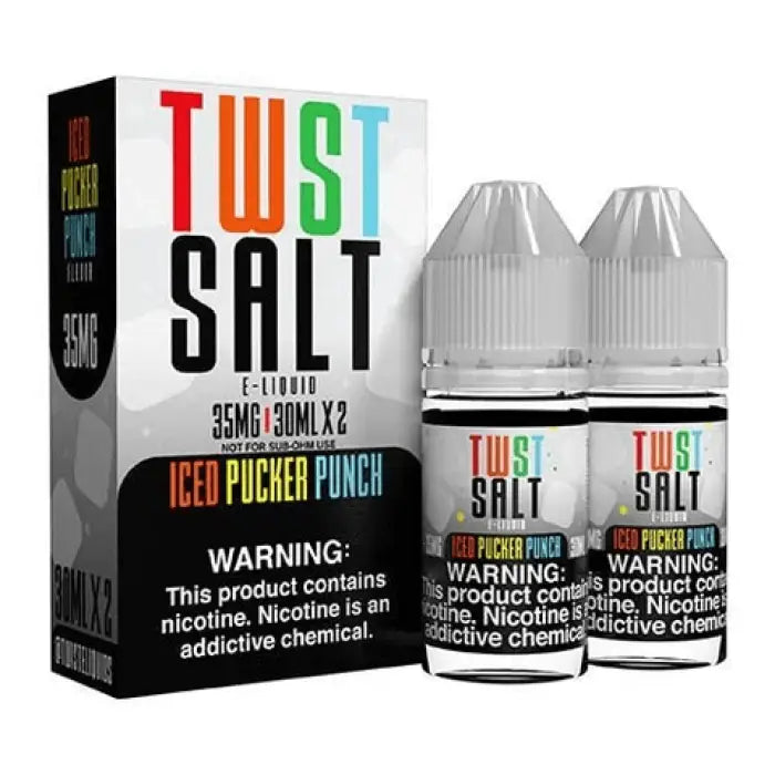 Colorful packaging for ’Twist Salt’ e-liquid featuring bottles and a warning label about nicotine content.