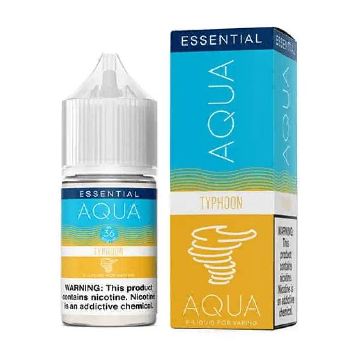 E-liquid bottle and packaging for ’Essential Aqua’ brand in Typhoon flavor.