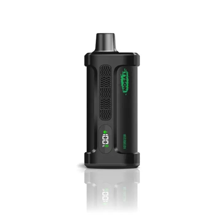 Black electronic vaping device with green display and vents.