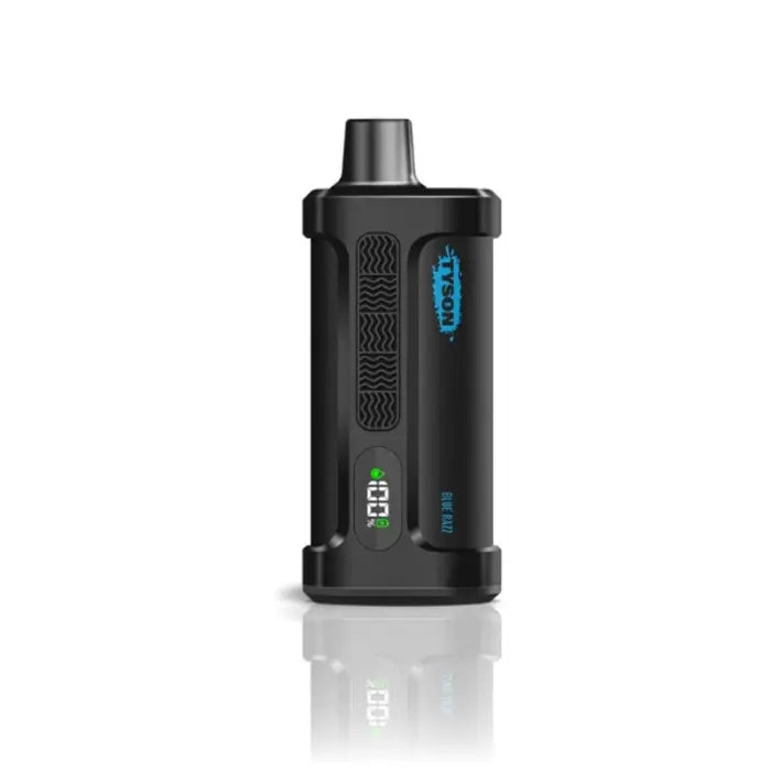 Black electronic vaping device with a digital display and blue accent.