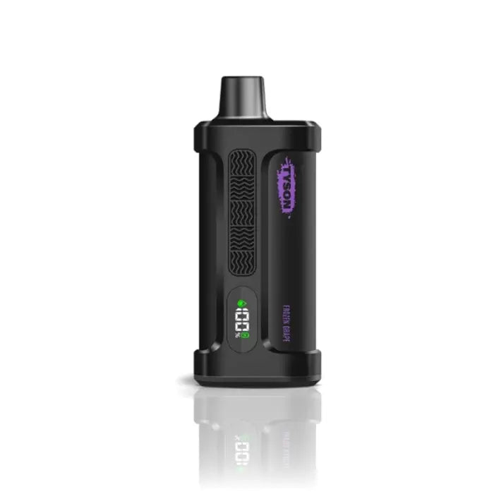 Black electronic vaping device with a digital display and purple accents.