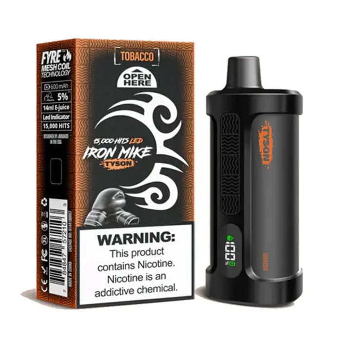 Electronic vaping device with its packaging featuring a tribal-style logo and tobacco flavor label.