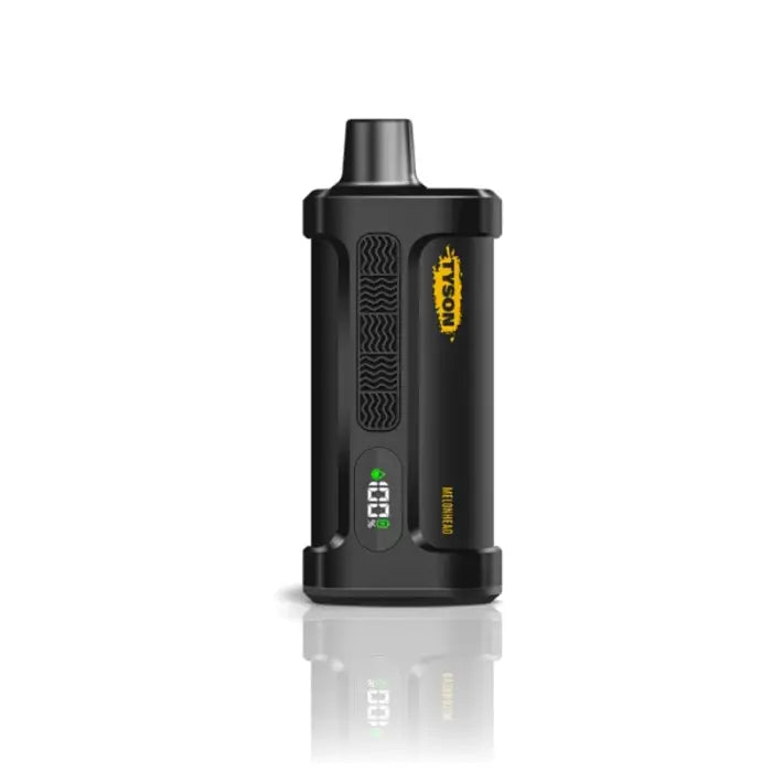 Black electronic vaping device with a yellow label and green indicator light.