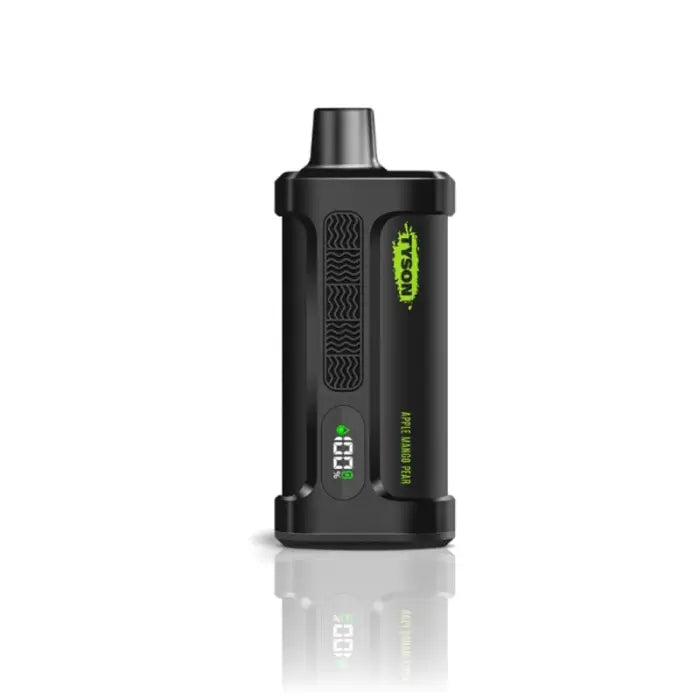 Black electronic vaporizer device with green accents and a digital display.