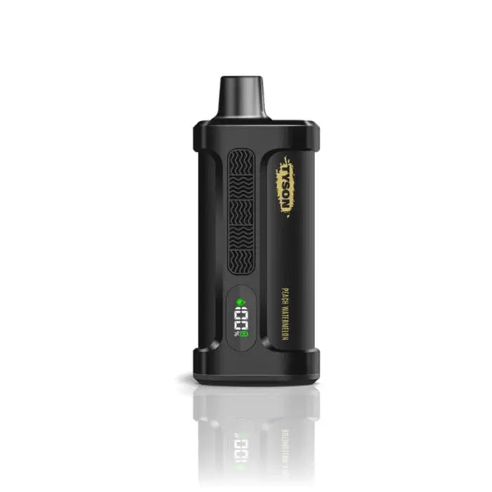 Black electronic vaping device with a digital display and yellow logo.