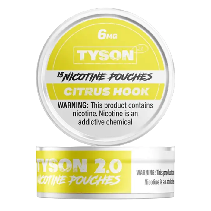 Circular container of Tyson nicotine pouches in Citrus Hook flavor.