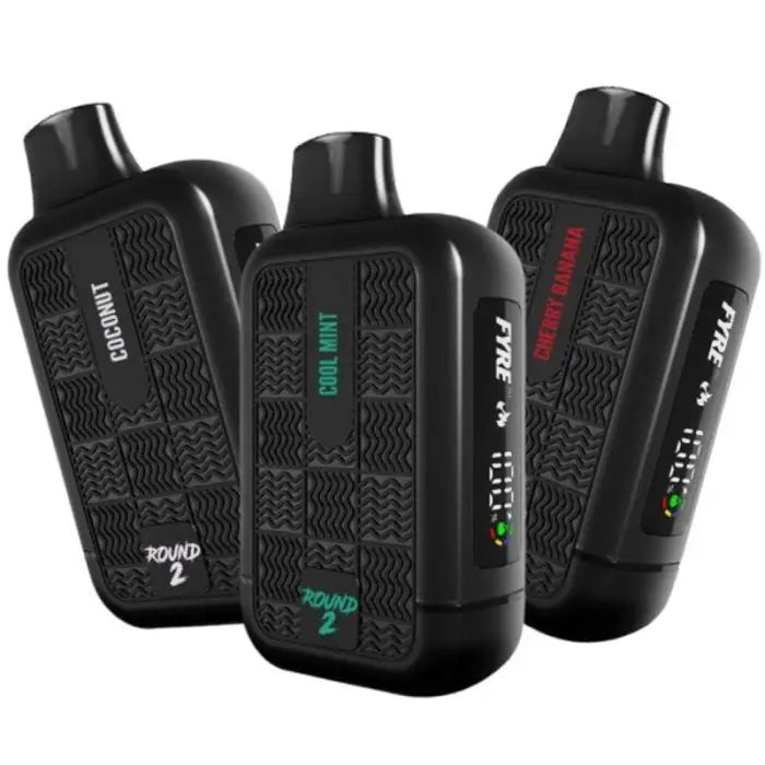 Three black electronic vaping devices with textured surfaces and small displays.