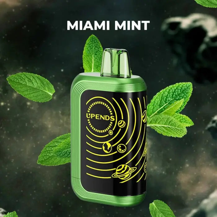 Vape device with ’Miami Mint’ flavor, featuring a green body and black panel with yellow graphics.