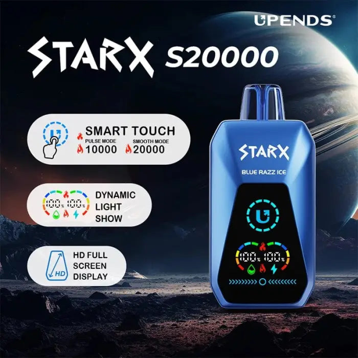 Blue electronic device with a digital display, labeled ’STARX S20000’’ and featuring various smart functions.