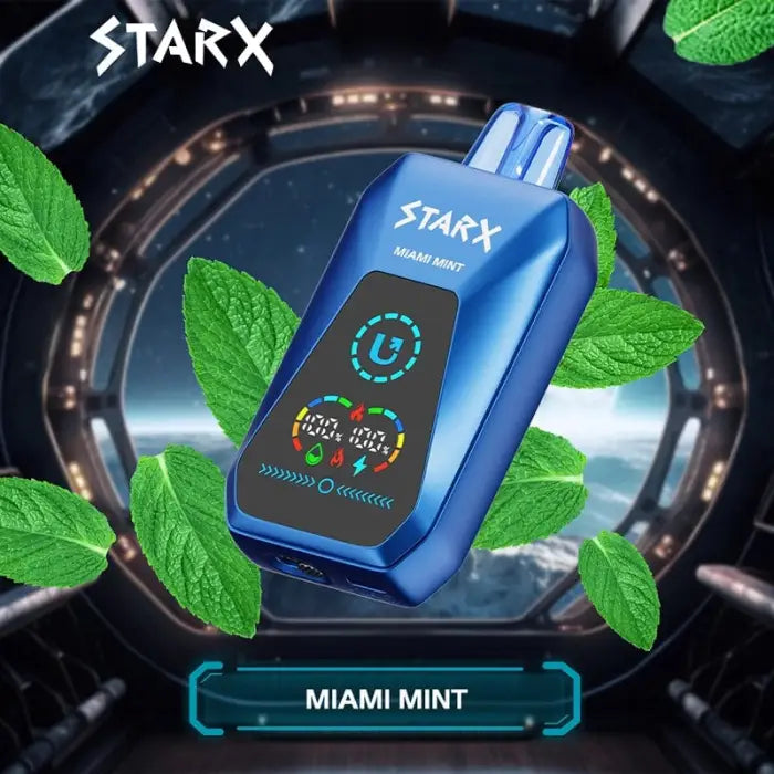 Blue electronic vaping device with a digital display labeled ’STARX Miami Mint’.